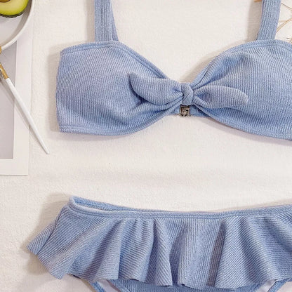 Ladies blue ruffle knitted fabric bikini with nylon blend for swimming