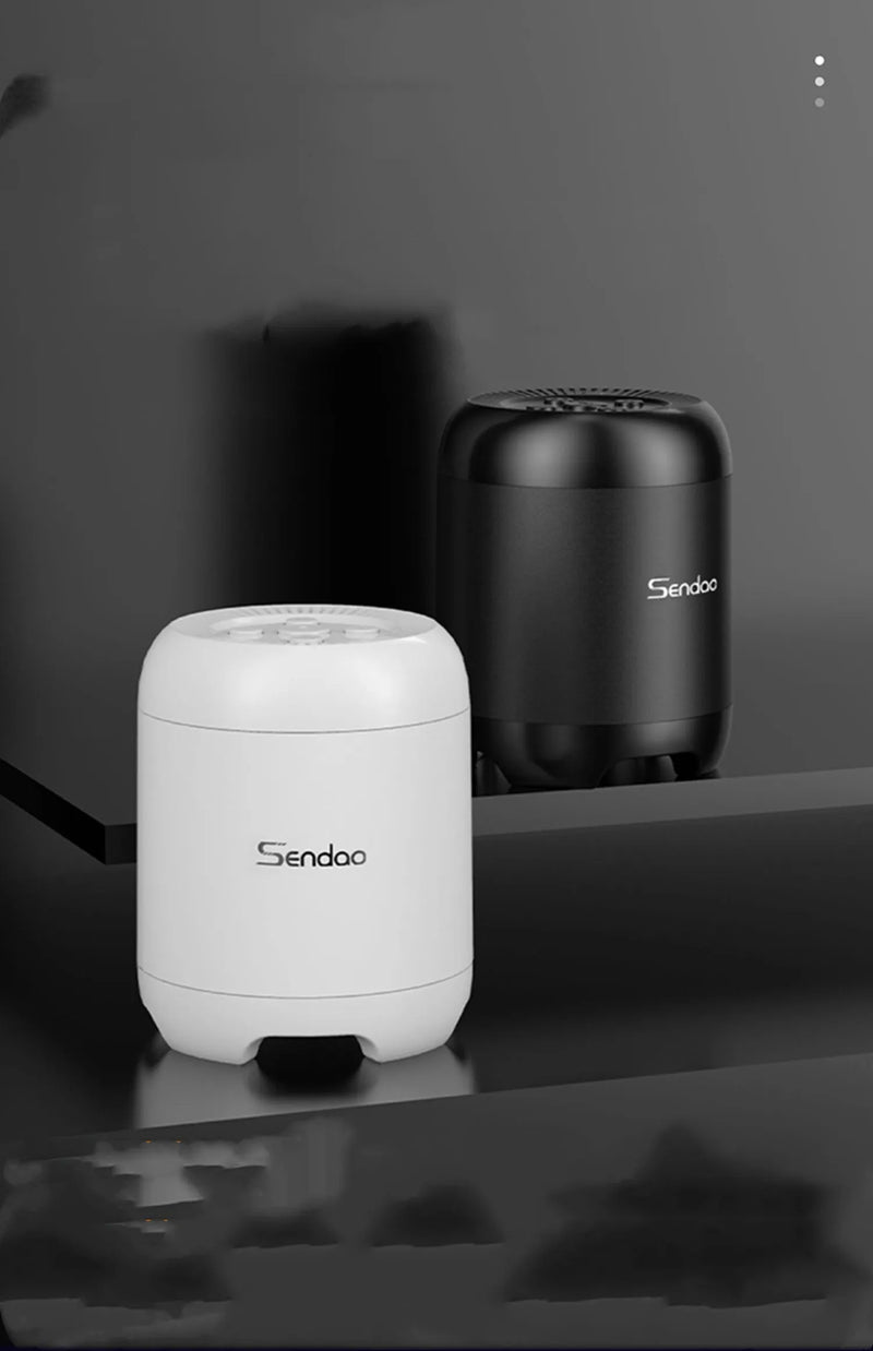 Wireless Bluetooth speaker with super subwoofer audio, compact portable design measuring 90x73x73mm, USB and built-in lithium battery powered, for general use and card reader playback in black or white colour.
