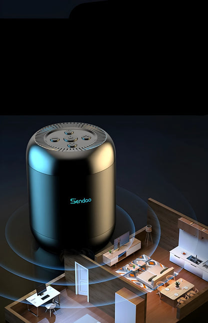 Small black or white wireless Bluetooth speaker with super subwoofer on a desk.