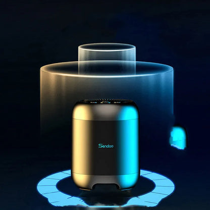 Small black or white wireless Bluetooth speaker with super subwoofer on a desk.