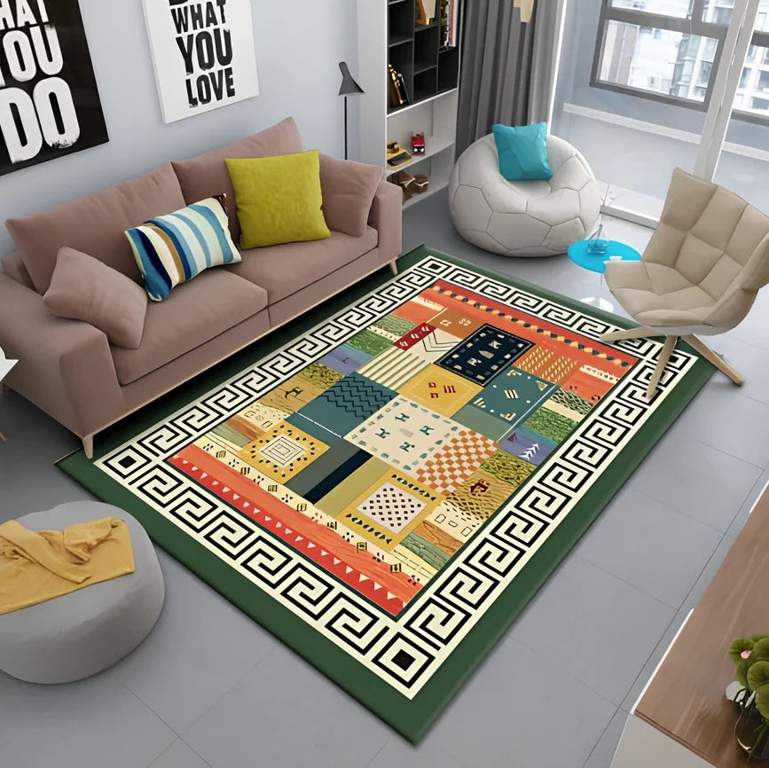 Persian-style polyester rug with non-slip backing and terry middle layer in multiple sizes