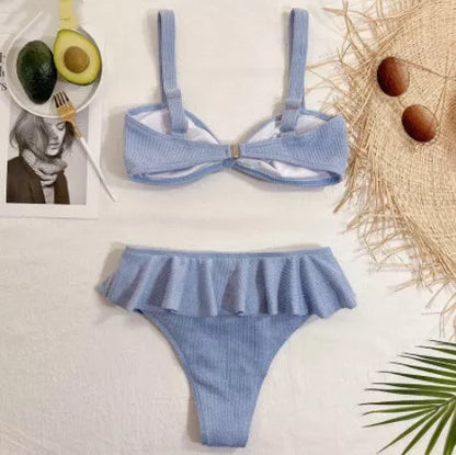Ladies blue ruffle knitted fabric bikini with nylon blend for swimming