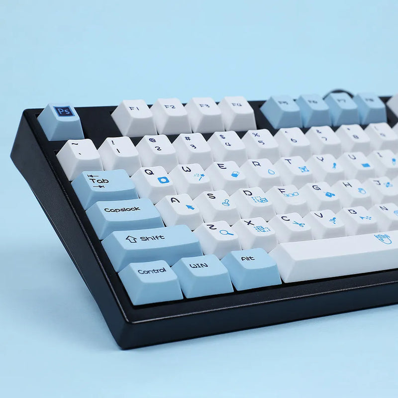 DIY PS theme keycap set with 108-key blue and white sublimation design for mechanical keyboard customisation, USB compatible replacement keycaps for gaming and typing enthusiasts seeking personalised computer accessories