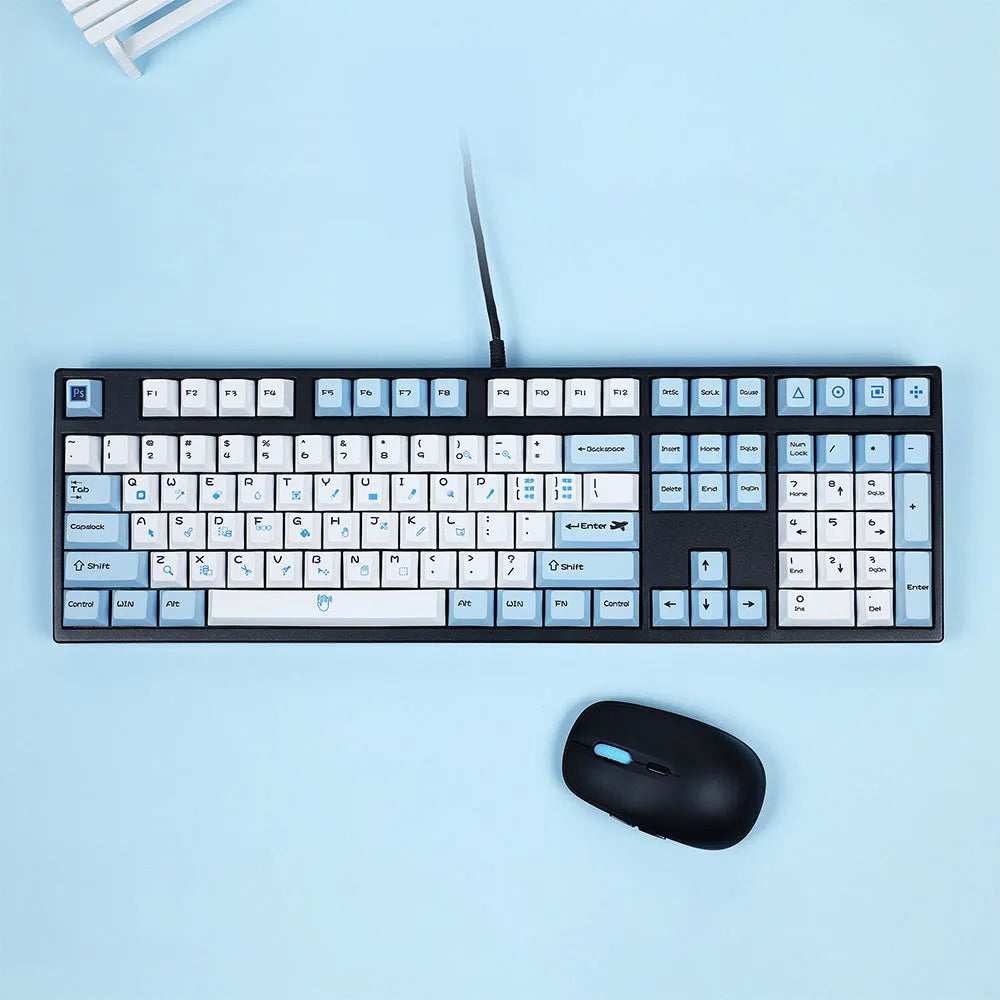 PS theme mechanical keyboard keycap set with blue and white sublimation printing on 108 keys