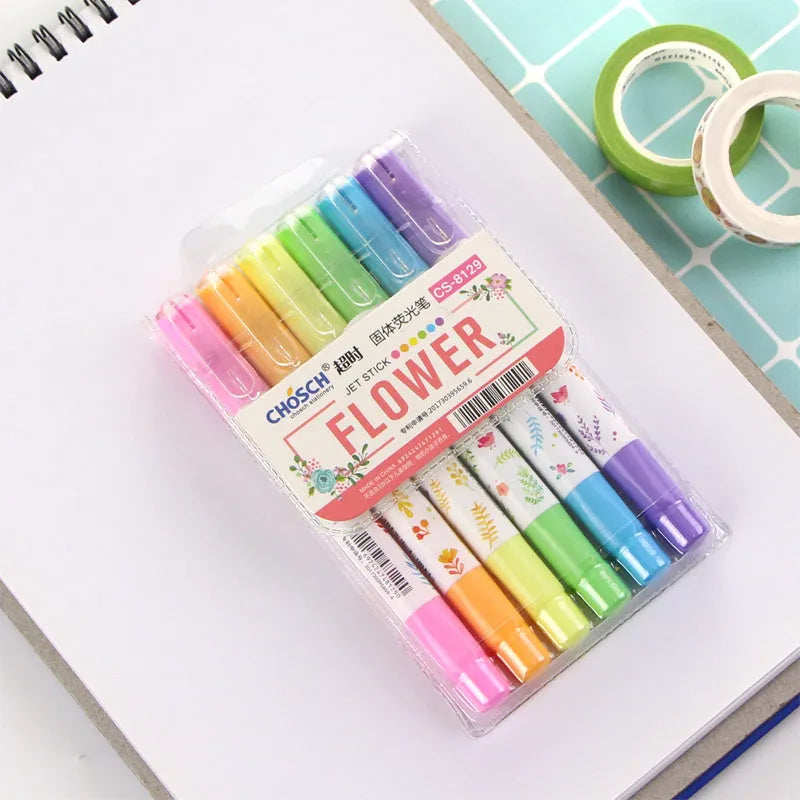 Set of six solid highlighter marker pens with stitchable sides, showing fluorescent ink colours.