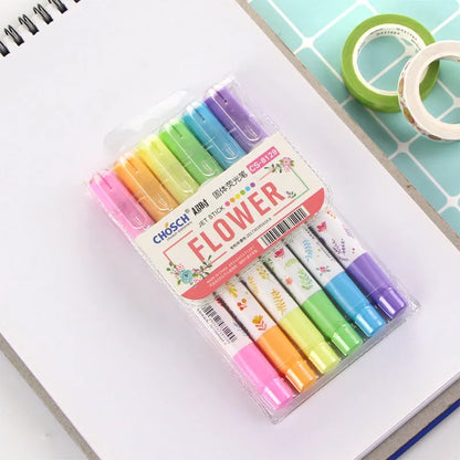 Set of six solid highlighter marker pens with stitchable sides, showing fluorescent ink colours.