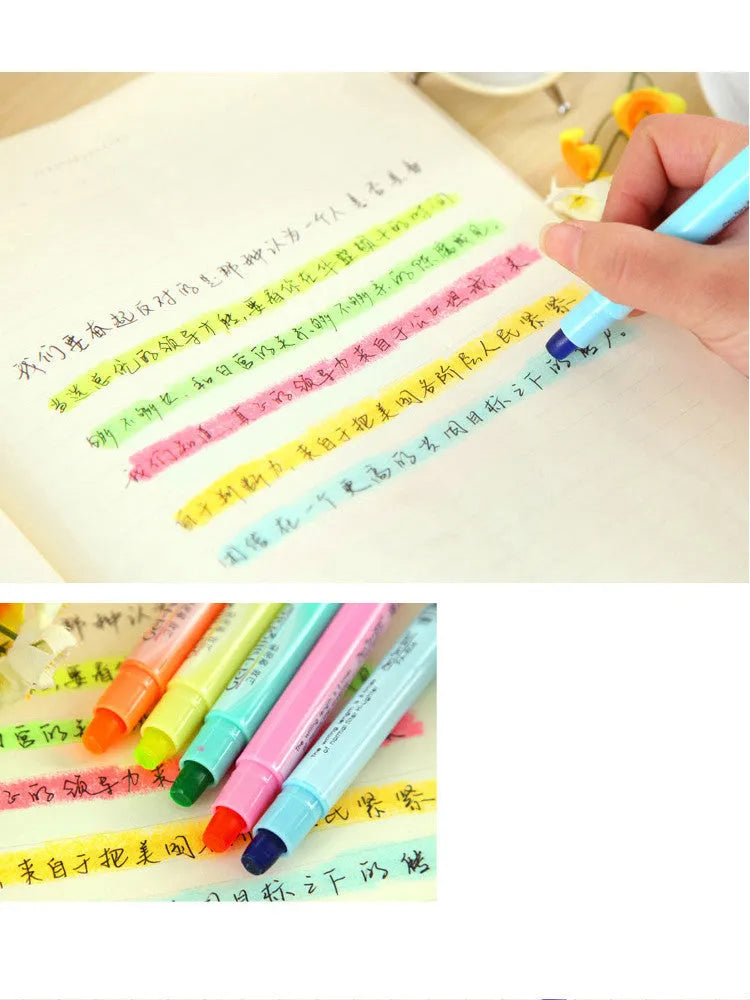 Solid highlighter marker pen set, 6-colour pack with round tip and fluorescent inks, ideal for studying, note-taking, and office use, available in multiple bundle options including retro and fluorescent colour combinations, can be stitched together