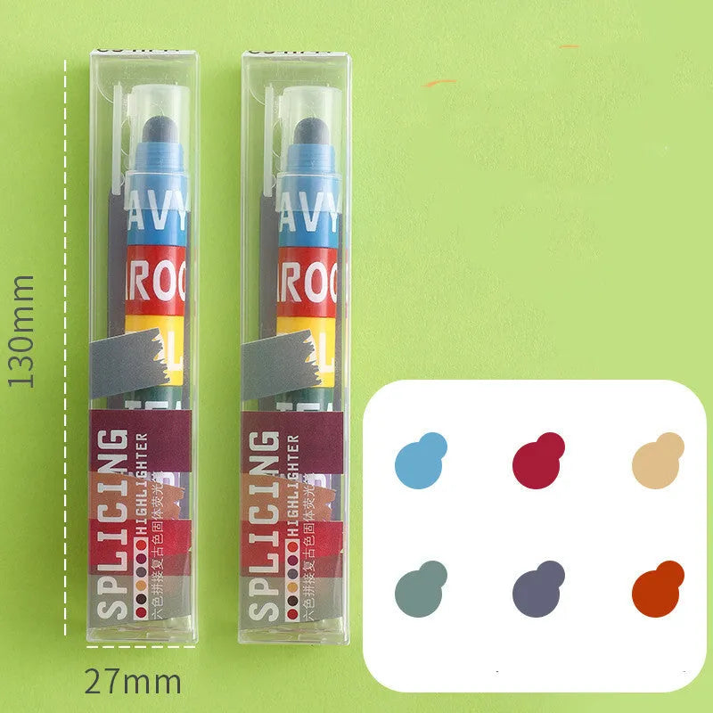 Set of six solid highlighter marker pens with stitchable sides, showing fluorescent ink colours.