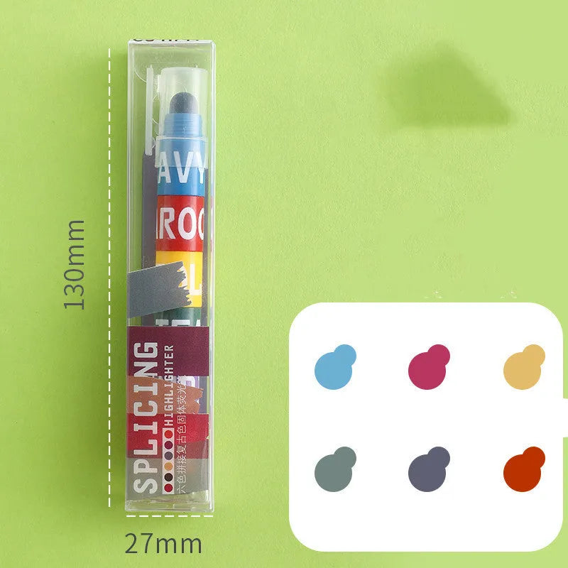 Set of six solid highlighter marker pens with stitchable sides, showing fluorescent ink colours.