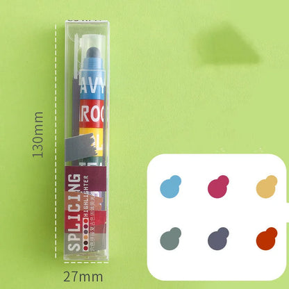 Set of six solid highlighter marker pens with stitchable sides, showing fluorescent ink colours.