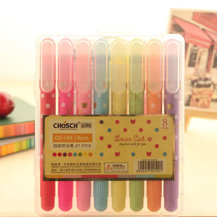Set of six solid highlighter marker pens with stitchable sides, showing fluorescent ink colours.