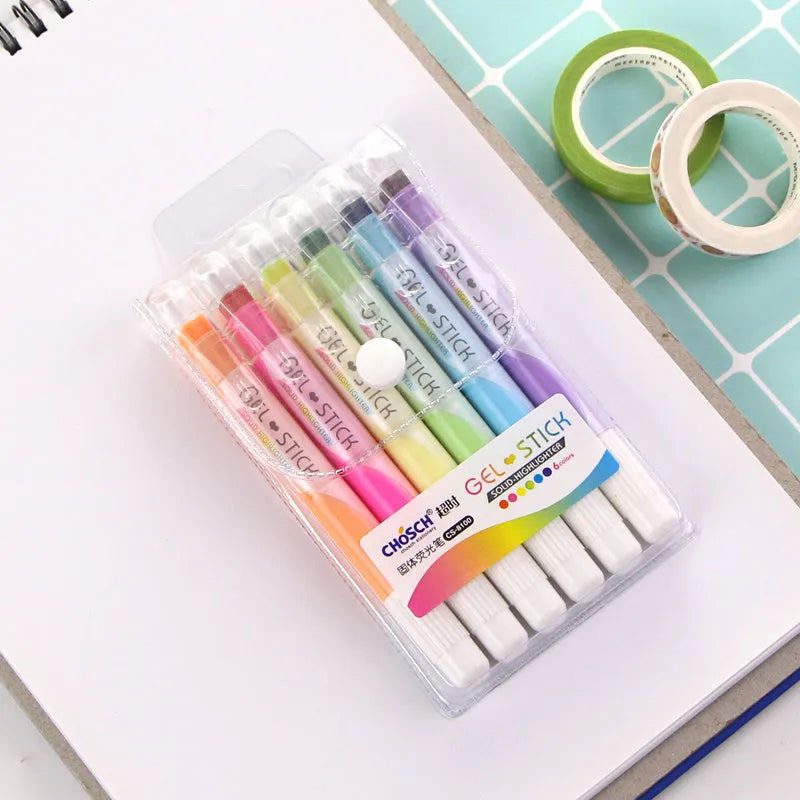 Set of six solid highlighter marker pens with stitchable sides, showing fluorescent ink colours.