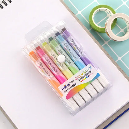 Set of six solid highlighter marker pens with stitchable sides, showing fluorescent ink colours.