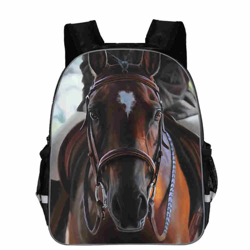 Horse schoolbag with animal head design for junior high school, high school, elementary school and toddler children, medium capacity backpack in polyester with cartoon lightning print, zipper opening in multiple size options