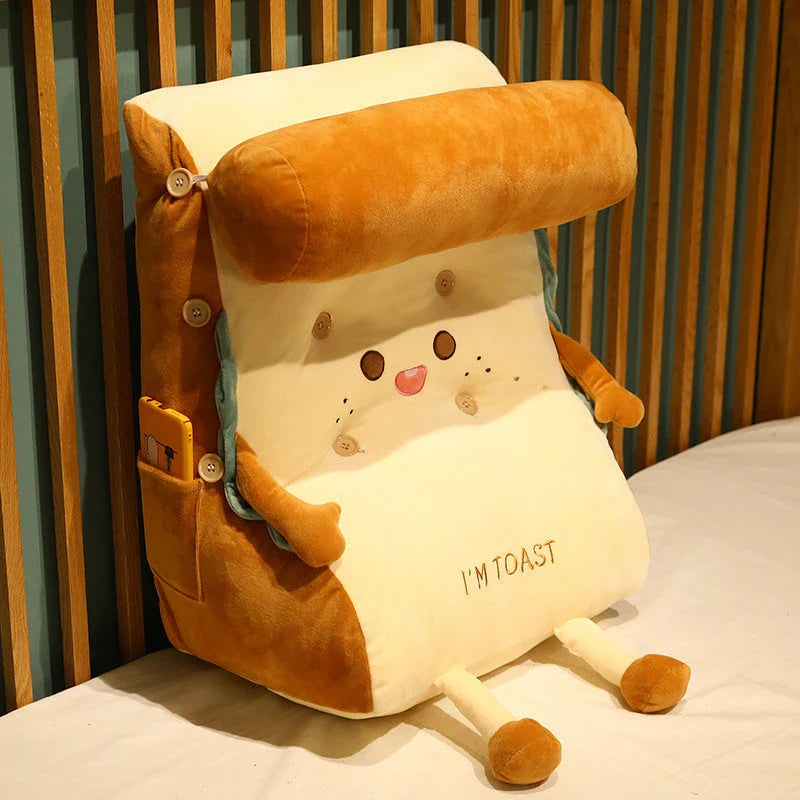 Cosy cushioned bedside pillow with soft plush exterior, ergonomic headrest, and comfortable waist support