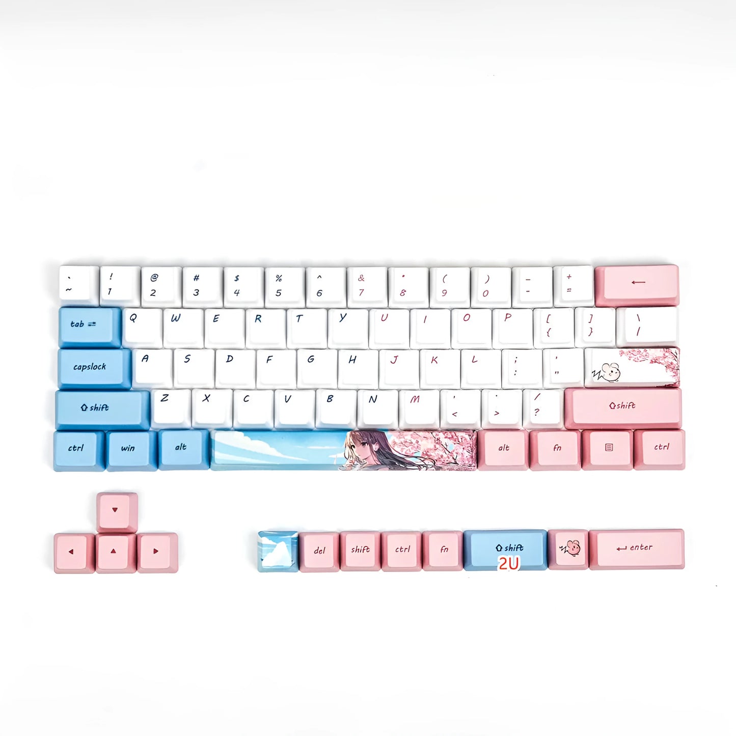 Pink PBT dye-sublimation keycap set with cartoon anime cherry blossom design for GK61 keyboard.