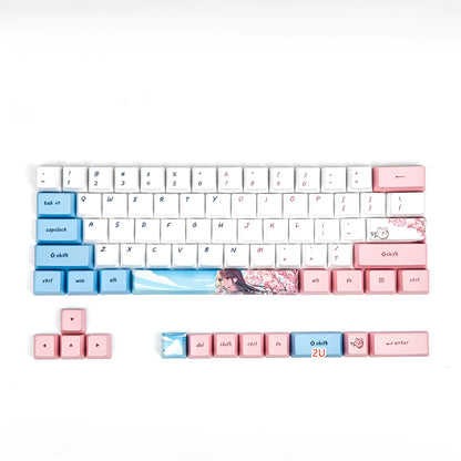 Pink PBT dye-sublimation keycap set with cartoon anime cherry blossom design for GK61 keyboard.
