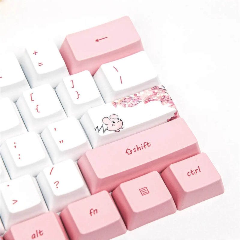 Custom replacement keyboard keycap set made from PBT plastic using dye-sublimation printing featuring a cartoon anime cherry blossom design compatible with GK61 and similar 61-key layouts for gaming or typing.