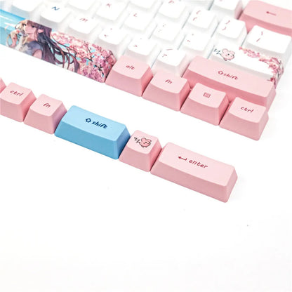 Pink PBT dye-sublimation keycap set with cartoon anime cherry blossom design for GK61 keyboard.