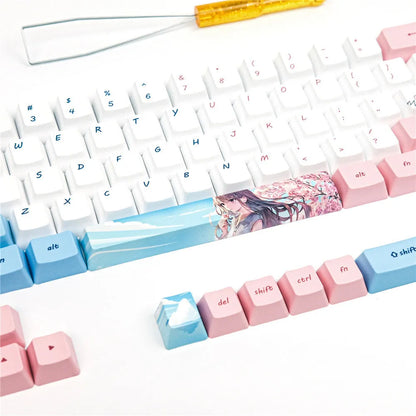 Pink PBT dye-sublimation keycap set with cartoon anime cherry blossom design for GK61 keyboard.
