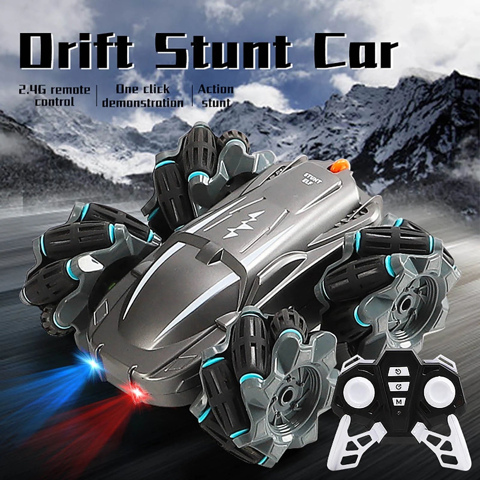 Wireless remote control stunt car performing 360° rotation on a flat surface