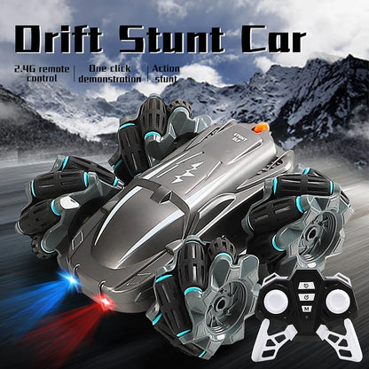 Wireless remote control stunt car performing 360° rotation on a flat surface