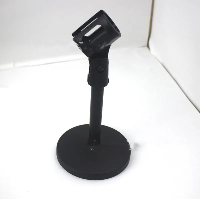 Black metal desktop microphone bracket with 10.5cm circular base and 22cm fixed-height column