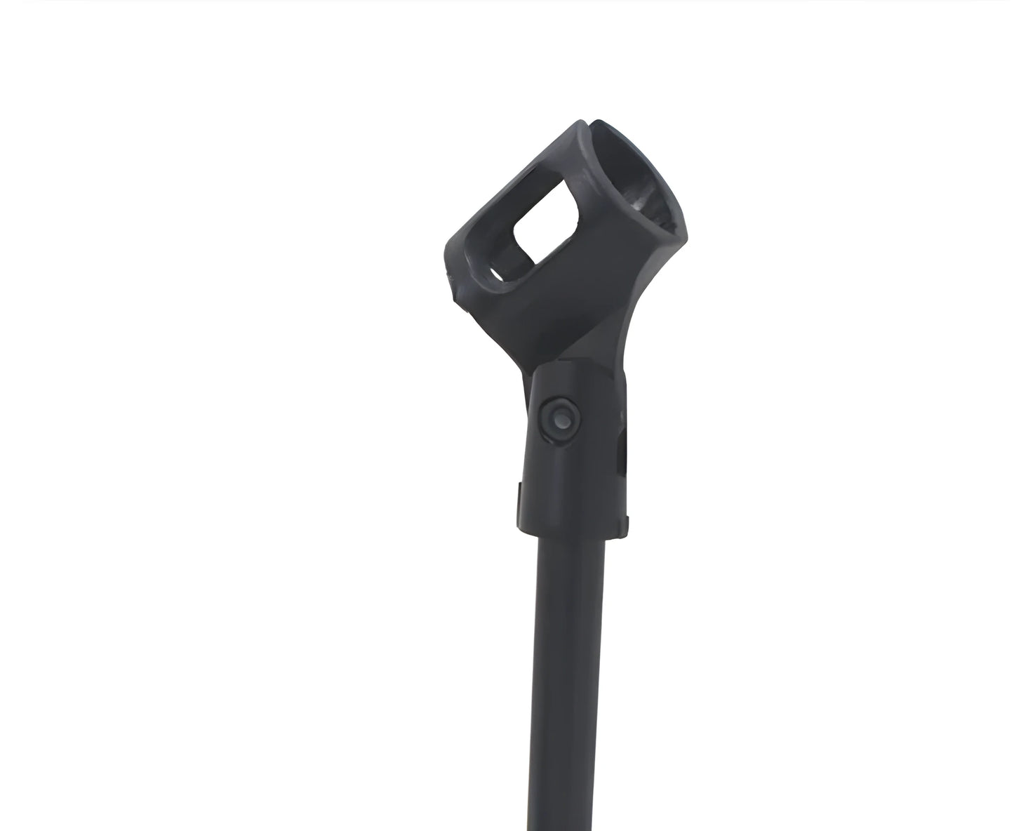 Black metal desktop microphone bracket with 10.5cm circular base and 22cm fixed-height column