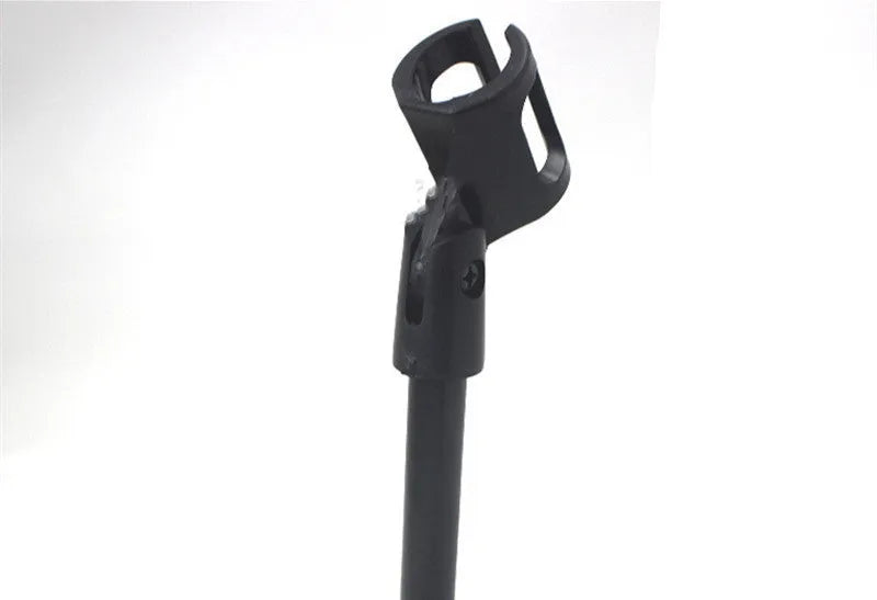 Black metal desktop microphone bracket with 10.5cm circular base and 22cm fixed-height column
