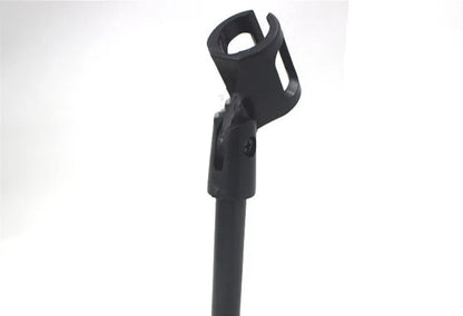 Black metal desktop microphone bracket with 10.5cm circular base and 22cm fixed-height column