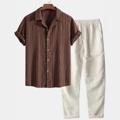 Men's camouflage print linen short-sleeved shirt and trousers set with cardigan lapel in slim-fit style