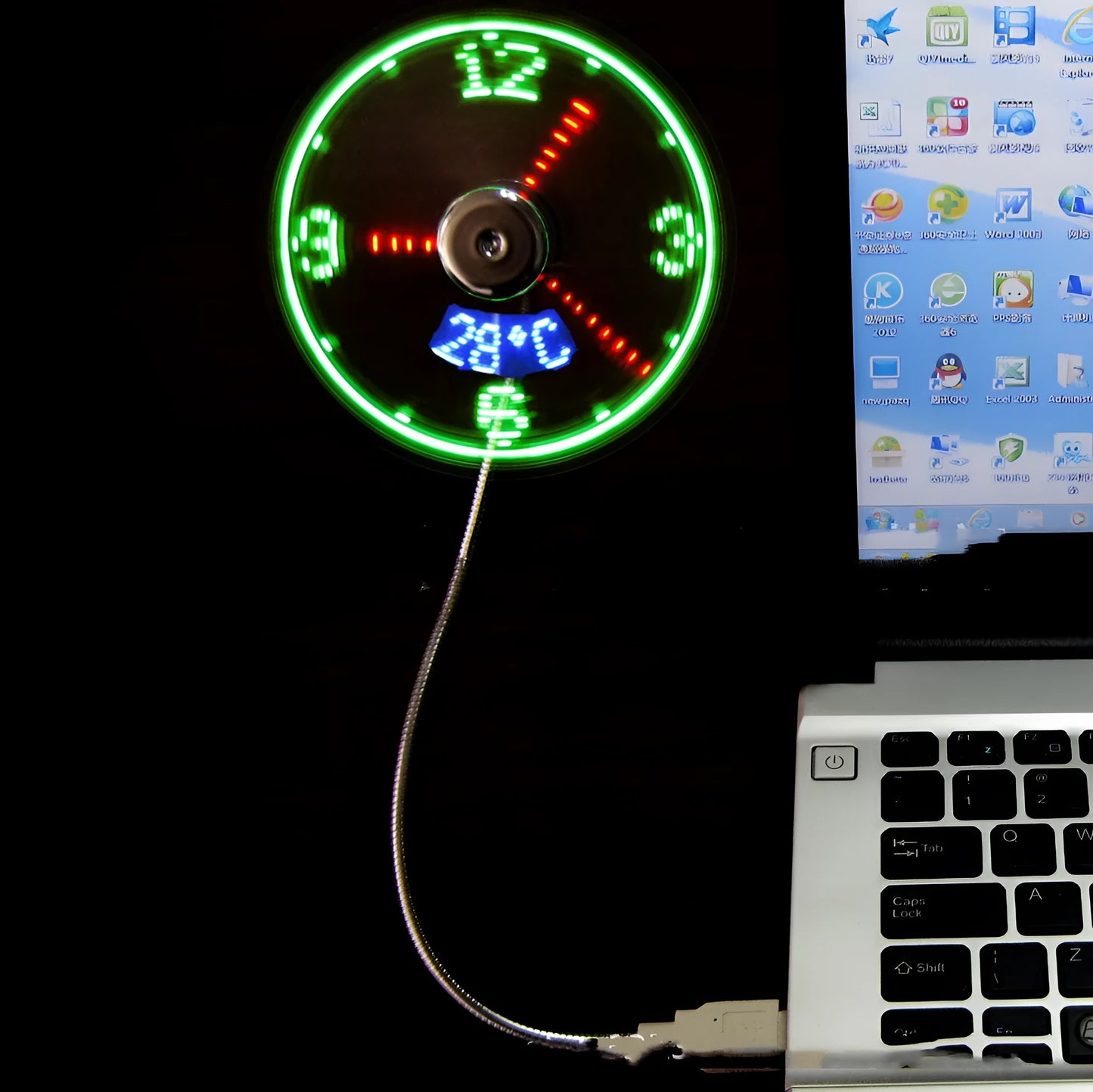 Silver USB desk fan with flexible metal neck and LED display showing time and temperature