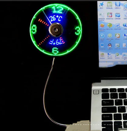 Silver USB desk fan with flexible metal neck and LED display showing time and temperature