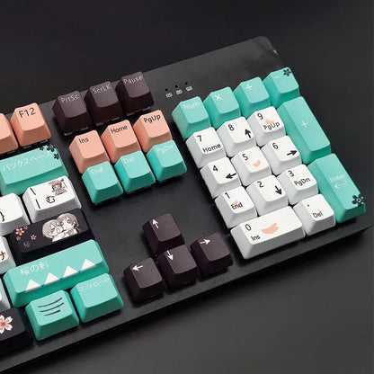 Set of green replacement keycaps for Cherry MX mechanical keyboards with a wireless USB dongle.