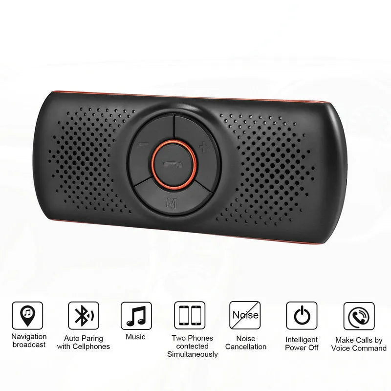 Orange plastic Bluetooth hands-free car speaker clipped to a car sun visor