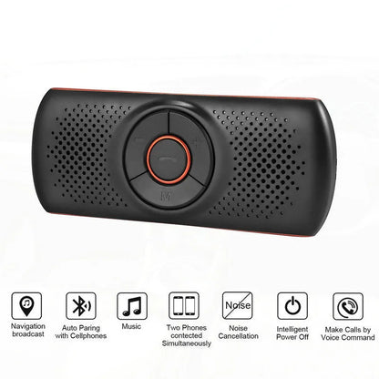 Orange plastic Bluetooth hands-free car speaker clipped to a car sun visor
