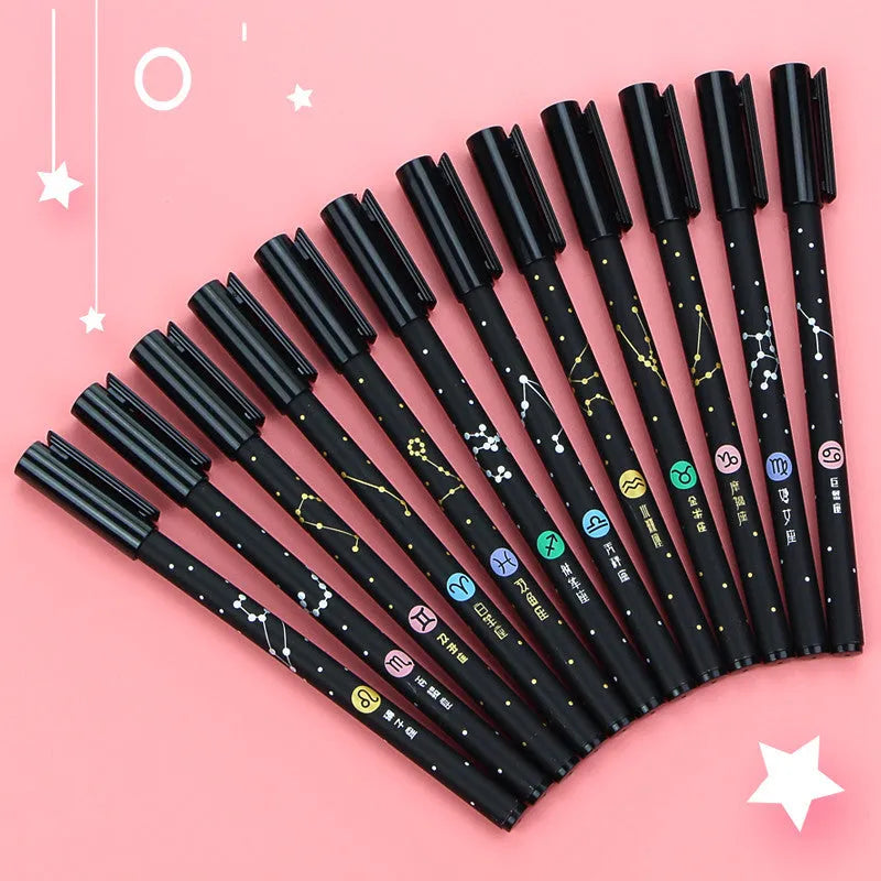 Twelve constellation-themed 0.5mm gel pens displayed with five design variants including pendant, bulb, and paper clip models