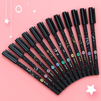 Twelve constellation-themed 0.5mm gel pens displayed with five design variants including pendant, bulb, and paper clip models