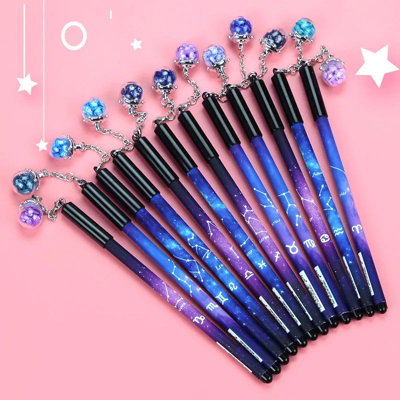 Needle tube gel pen set of 12 pens with 0.5mm black refills, available in five constellation-themed designs including erasable, quick-drying, pendant, bulb, and paper clip models, suitable for middle school students and daily writing scenarios.