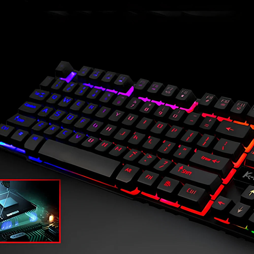 Black 104-key wired USB gaming keyboard with backlight, 42 cm length, multimedia keys, and waterproof plastic build