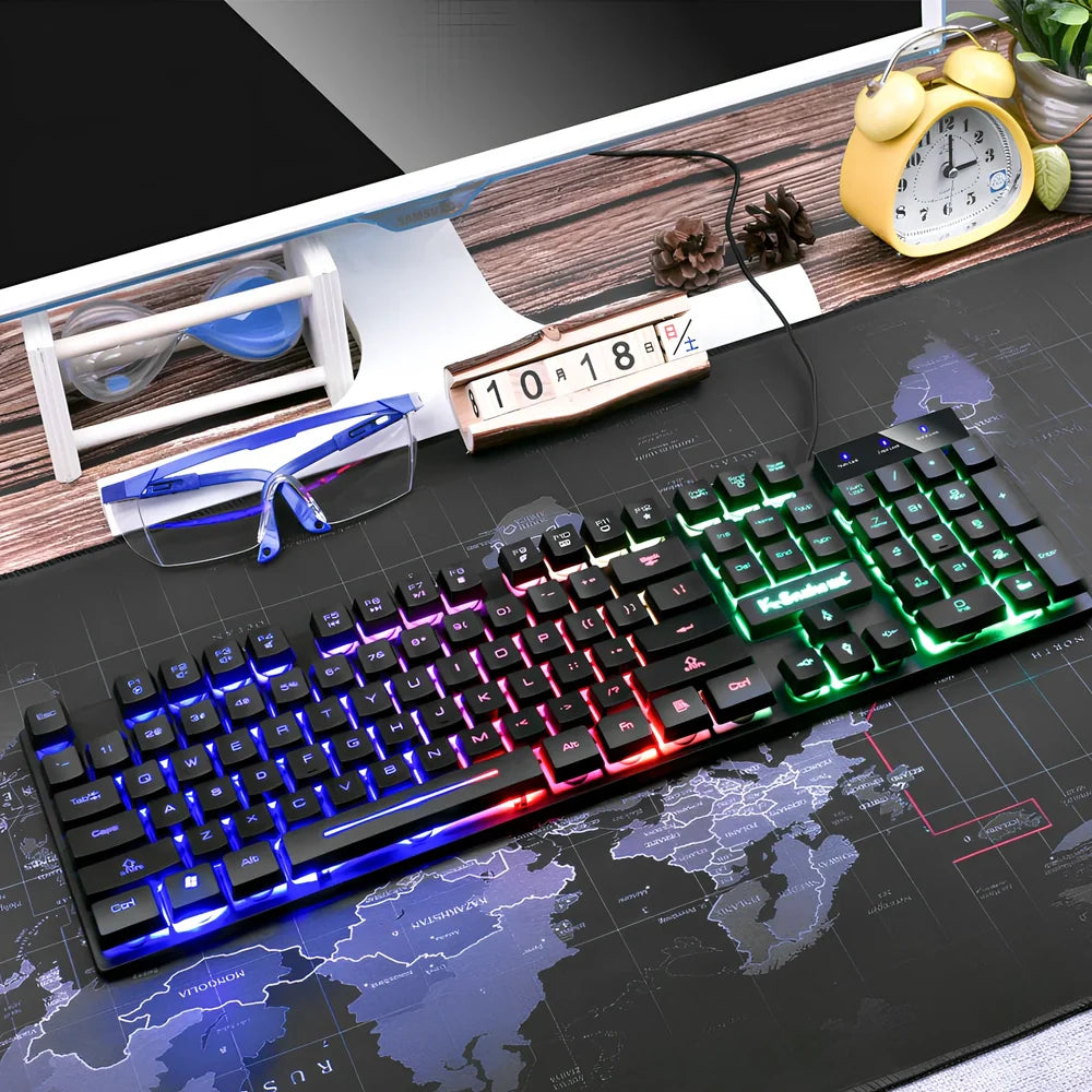 Black 104-key wired USB gaming keyboard with backlight, 42 cm length, multimedia keys, and waterproof plastic build