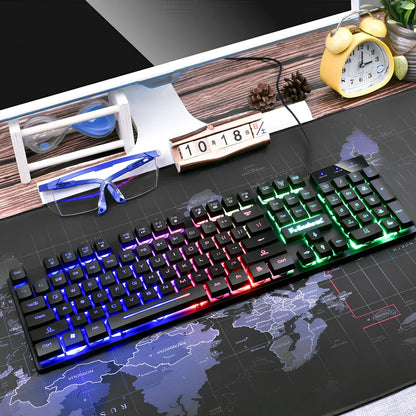 Black 104-key wired USB gaming keyboard with backlight, 42 cm length, multimedia keys, and waterproof plastic build