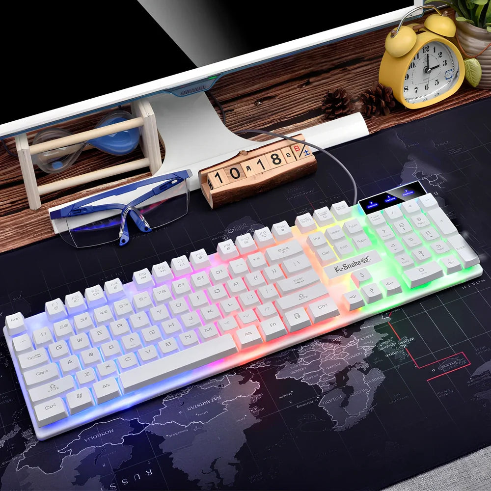 Black 104-key wired USB gaming keyboard with backlight, 42 cm length, multimedia keys, and waterproof plastic build