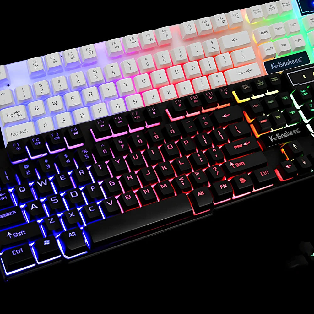 Black 104-key wired USB gaming keyboard with backlight, 42 cm length, multimedia keys, and waterproof plastic build