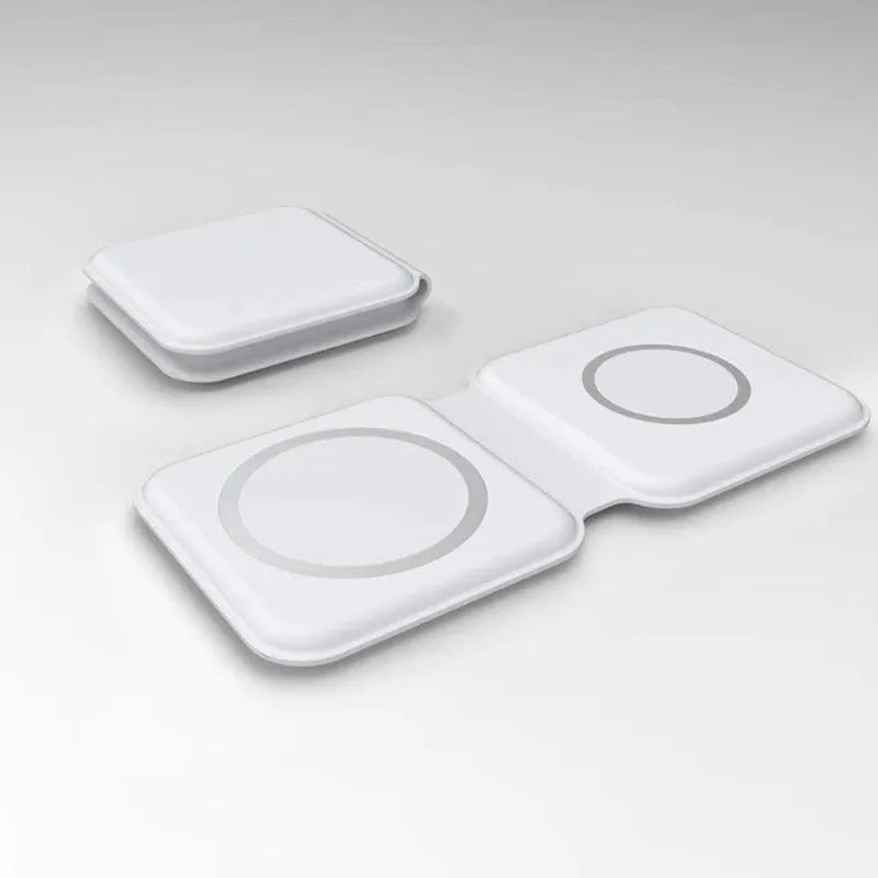 White foldable magnetic wireless charger showing dual charging surfaces and Type-C port