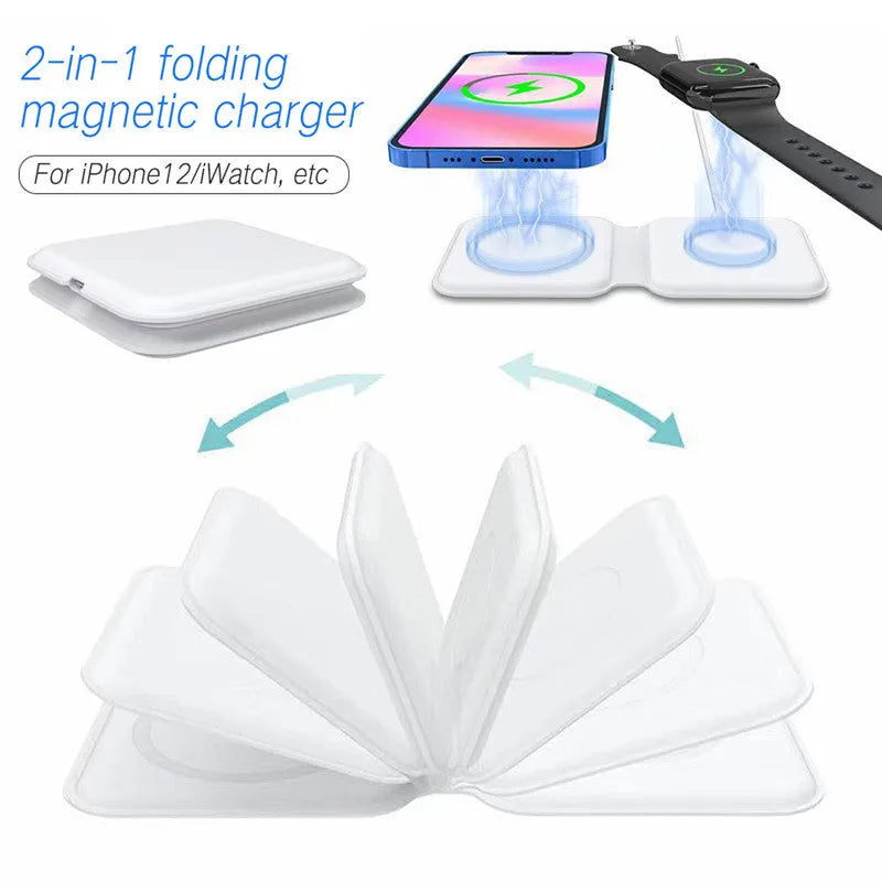 White foldable magnetic wireless charger showing dual charging surfaces and Type-C port