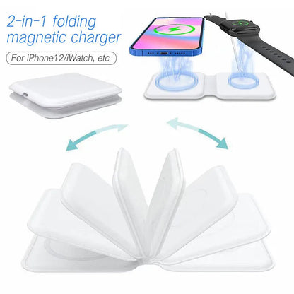 White foldable magnetic wireless charger showing dual charging surfaces and Type-C port