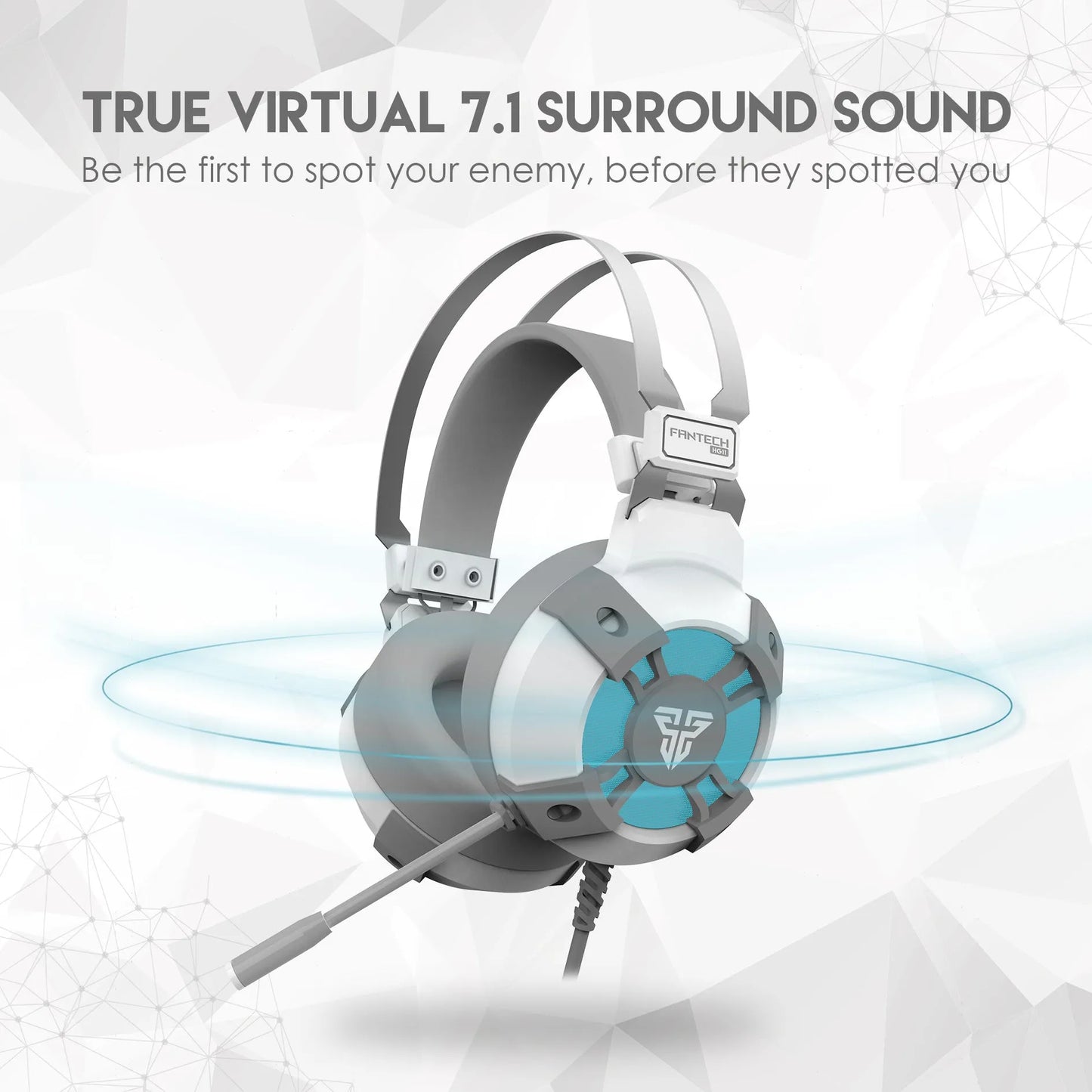Black FANTECH HG11 USB gaming headset showing over-ear design, RGB lights on cups, and inline remote on cable.