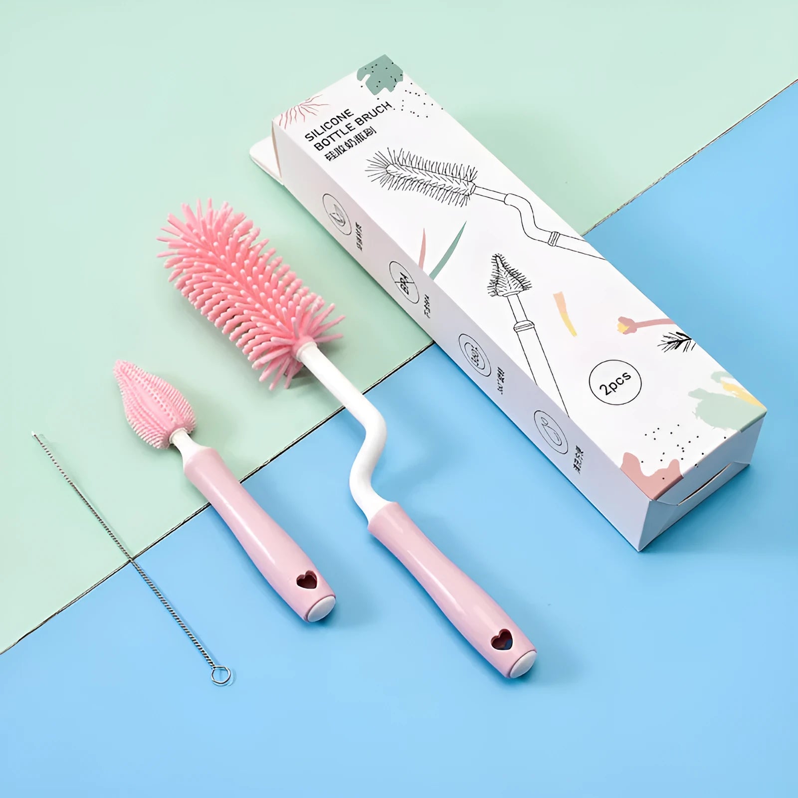 Silicone baby bottle brush and separate straw cleaning tool in assorted colours