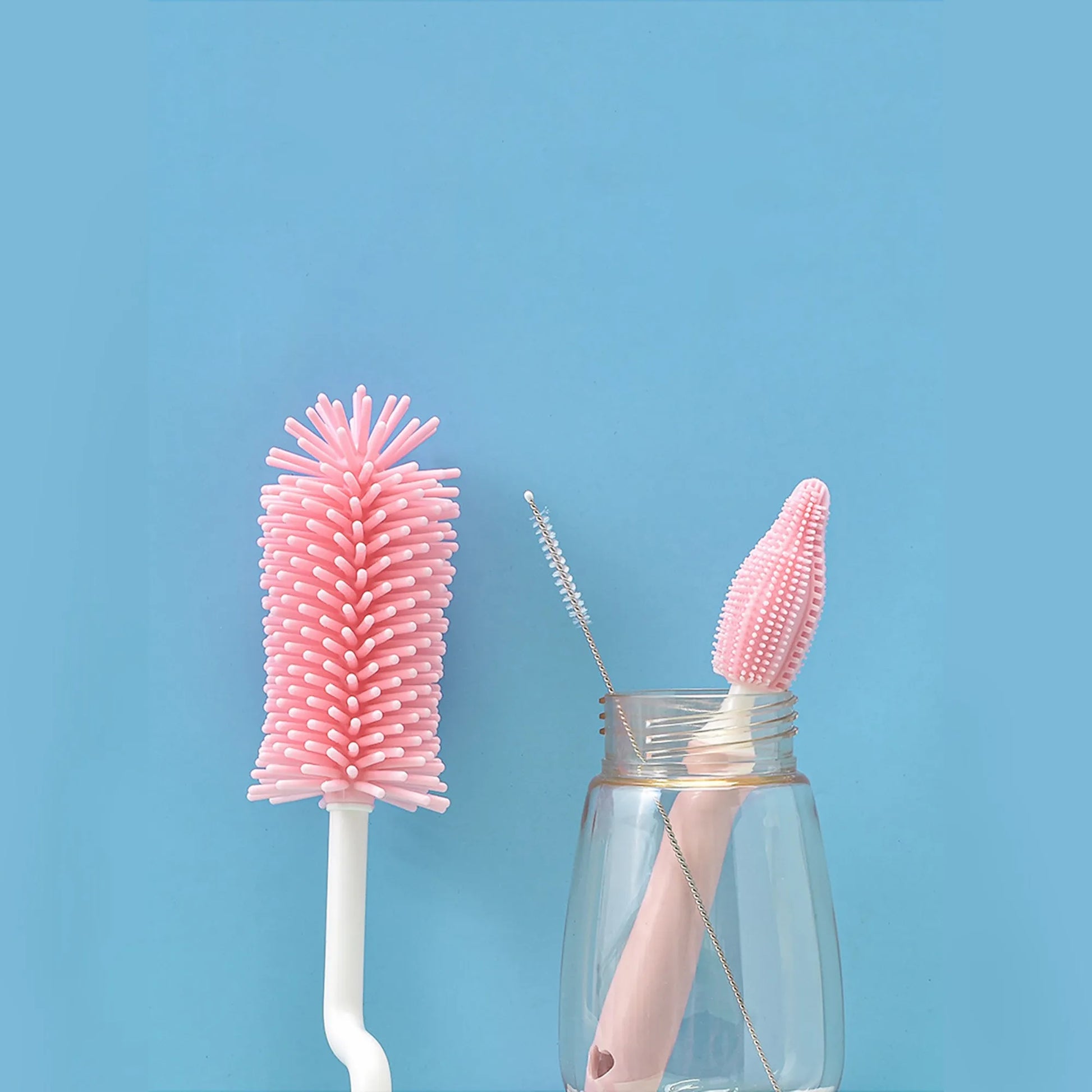 Silicone baby bottle brush and separate straw cleaning tool in assorted colours